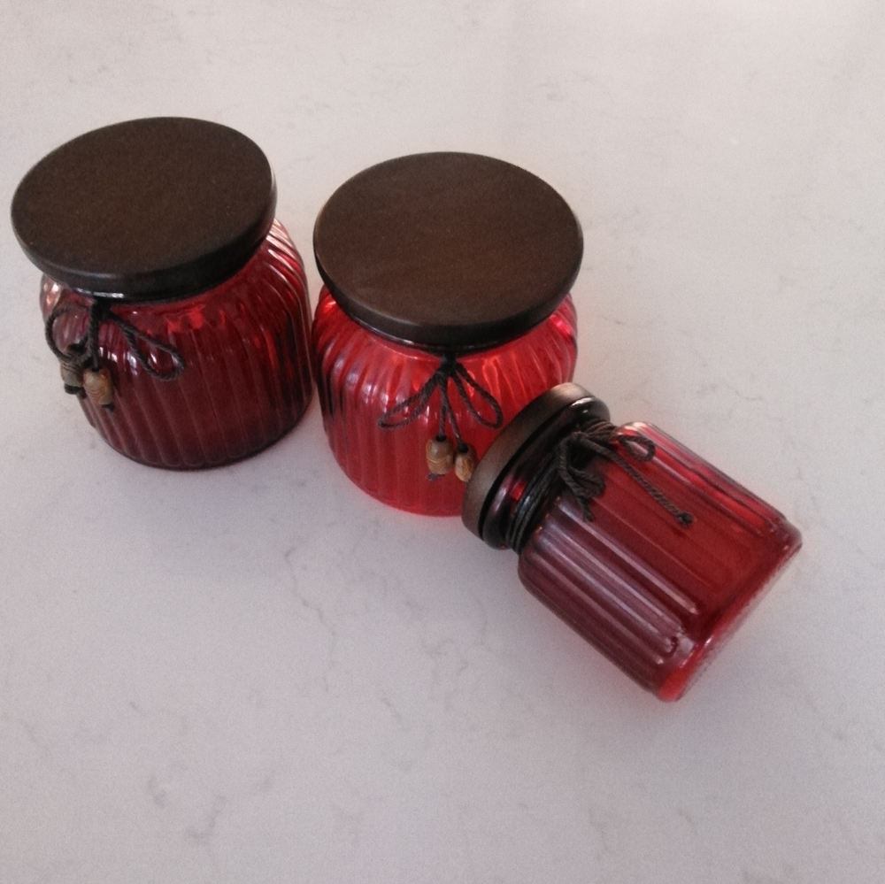 3 red glass jars containers